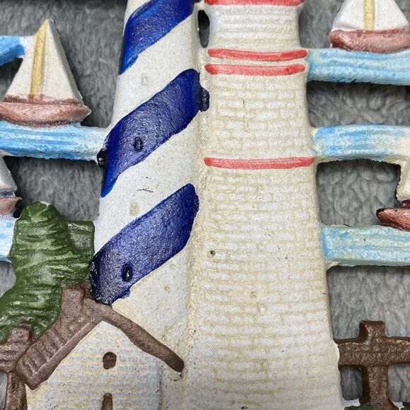 Vintage Lighthouse Sailboat Cast Iron Round Trivet Pot Holder Set - Picture 10 of 13